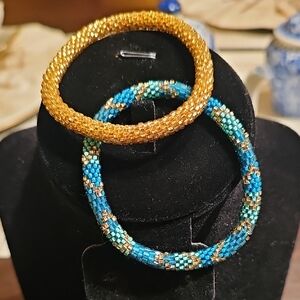 Set Of 2 Lily & Laura Handcrafted Beaded Bracelets - Gold and Turquoise Jewelry